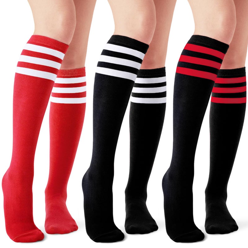 Joulli Women's Knee High Athletic Socks Stripe Tube Outdoor Sport Socks 3 Pairs, Black Mix - Image 1